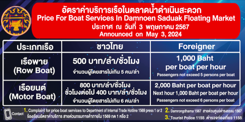 ประกาศราคาค่าบริการเรือนำเที่ยวตลาดน้ำดำเนินสะดวก